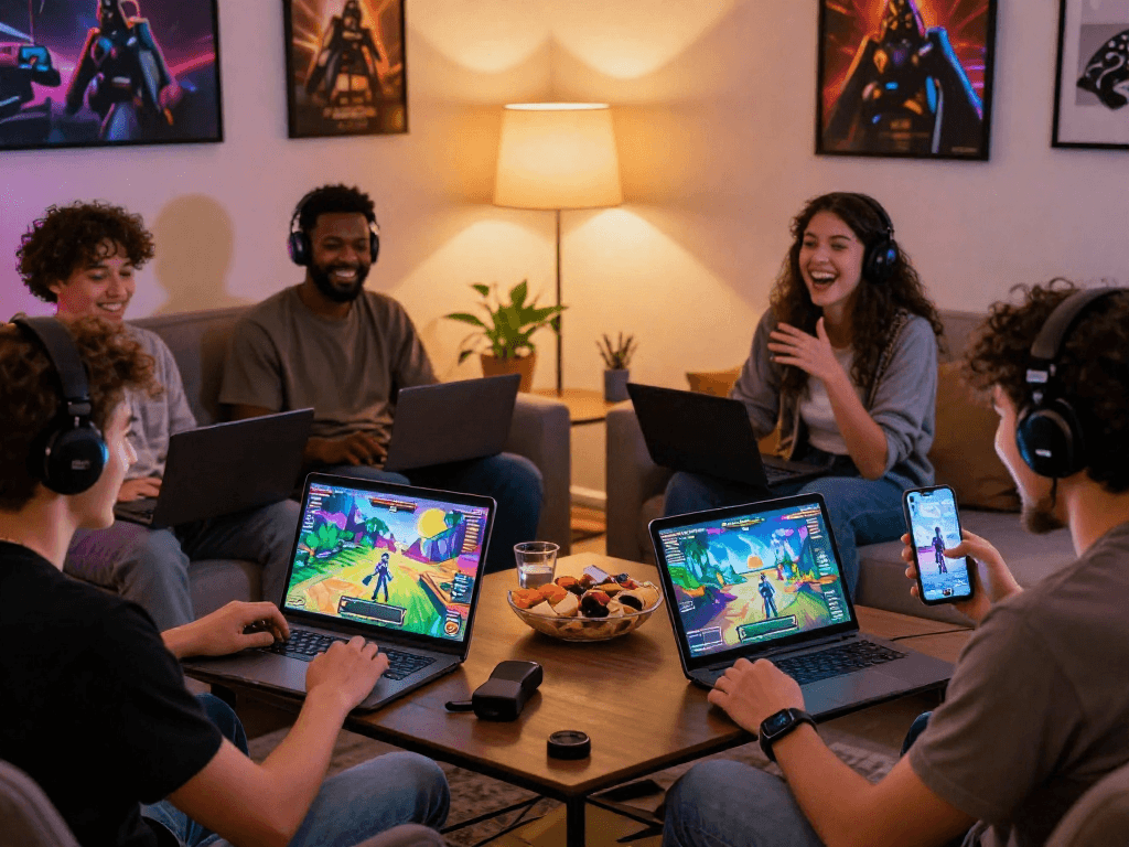 Engaging scene of friends playing porn games online on various devices, showcasing a fun gaming experience.
