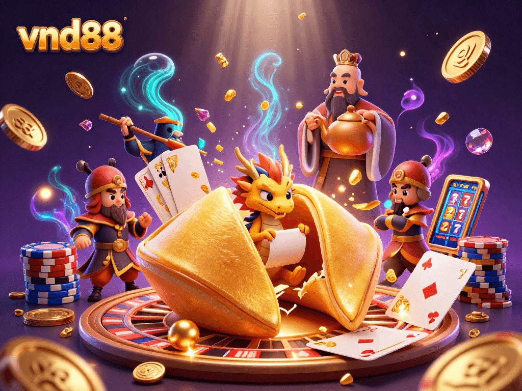 Win big on vnd88 with a vibrant casino-themed illustration featuring games and fortune elements.