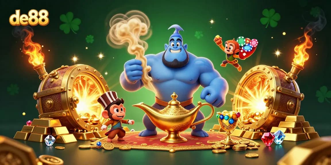 Experience the thrill of de88 with a dynamic 3D illustration featuring a genie and treasures.