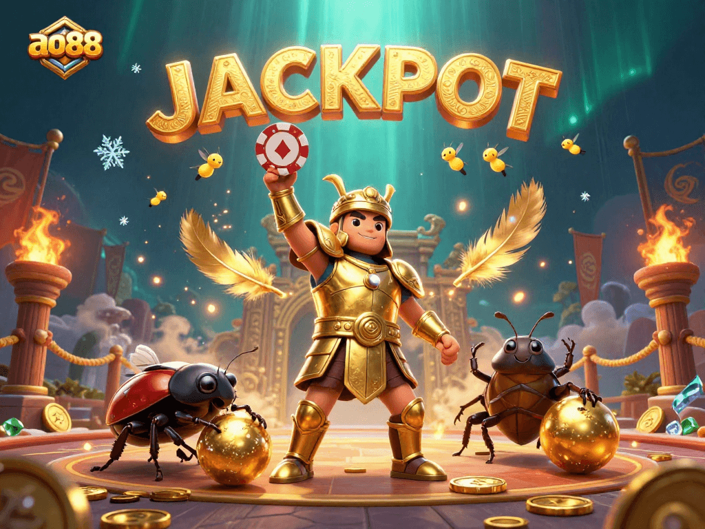 Play and win at ao88 as a hercules beetle celebrates a jackpot victory in a vibrant casino arena.
