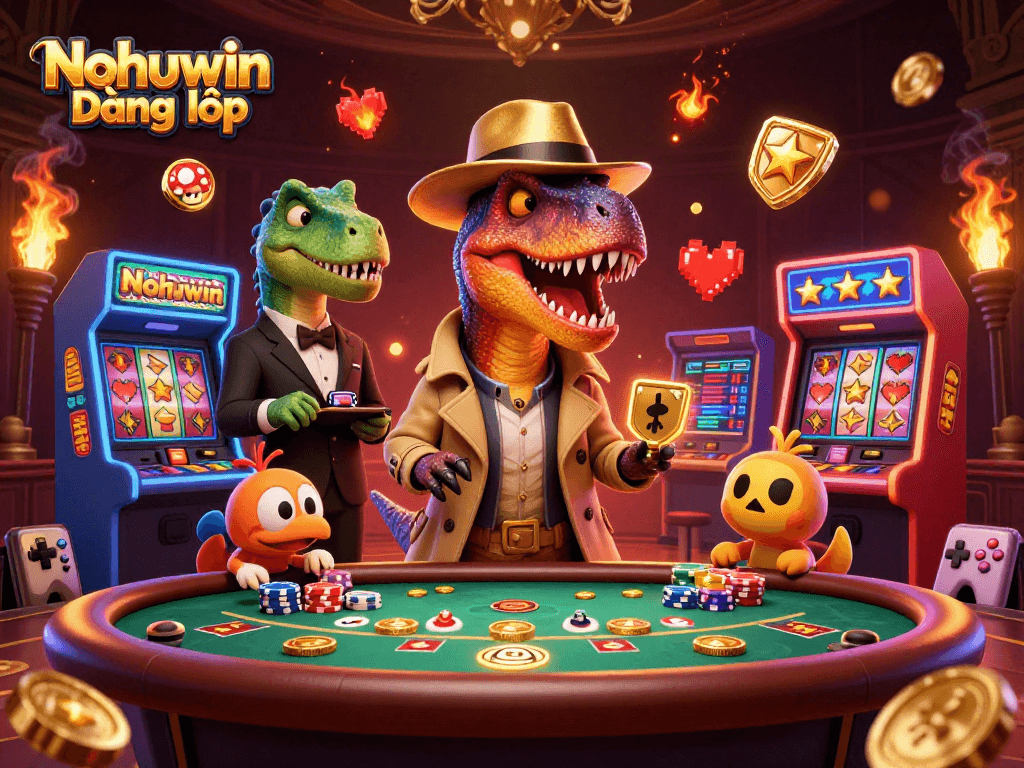 Nohuwin Đăng nhập showcases a velociraptor counter at a blackjack table, amidst vibrant casino elements.
