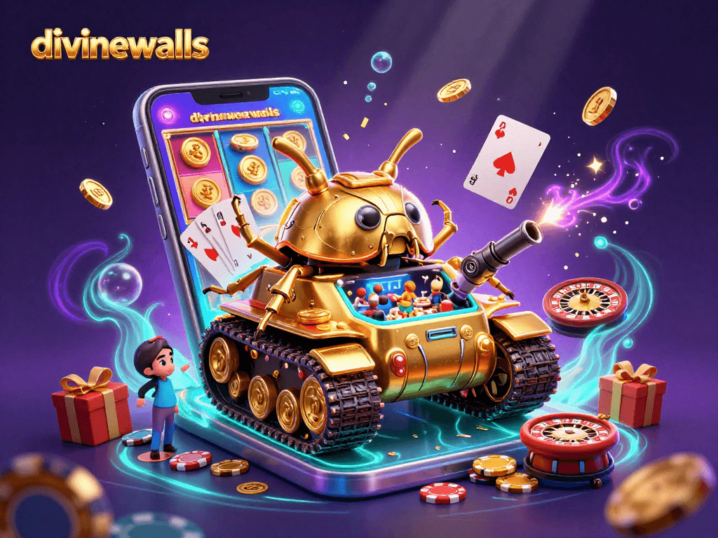 Play exciting casino games with divinewalls in a vibrant 3D illustration featuring a golden beetle tank and slot games.