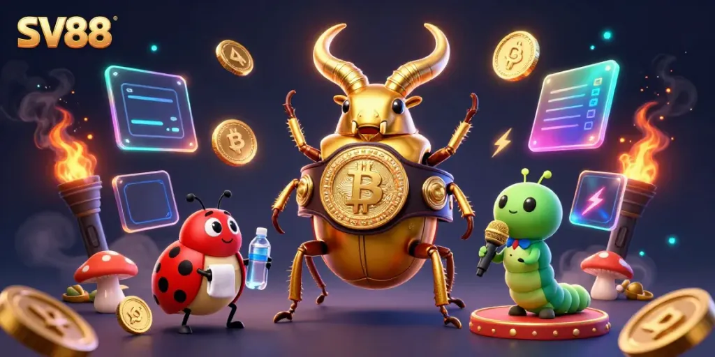 Engage in gaming excitement with SV88, showcasing vibrant characters and neon cryptocurrency elements.