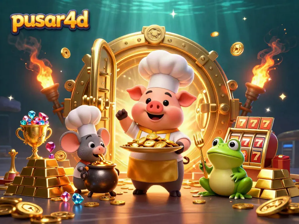 Pusar4d chef pig serves gold coins in a vibrant casino scene filled with treasures and slot elements.