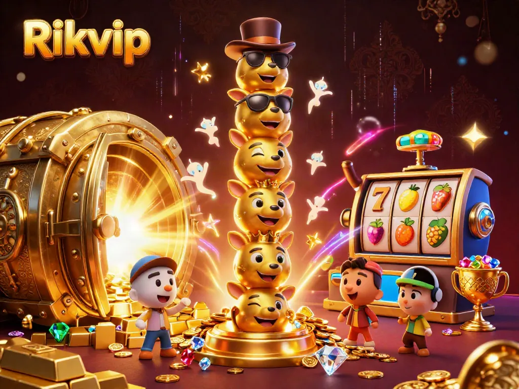 Experience exciting slots action with Rikvip featuring gold treasures and cartoon totem characters!