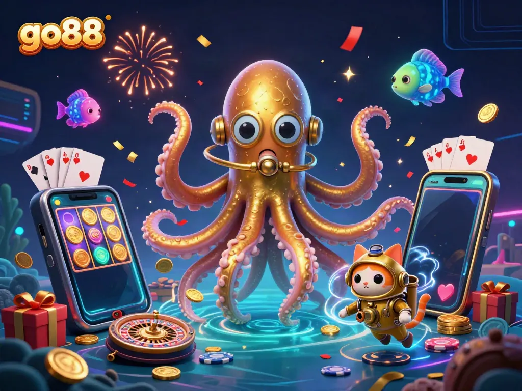 Experience the excitement of go88 gaming with a 3D kraken, diving cat, and vibrant casino elements.