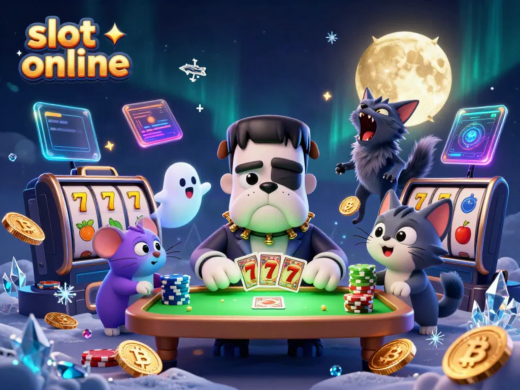 Experience the thrill of slot online gaming with a vibrant 3D casino scene featuring unique characters and elements.