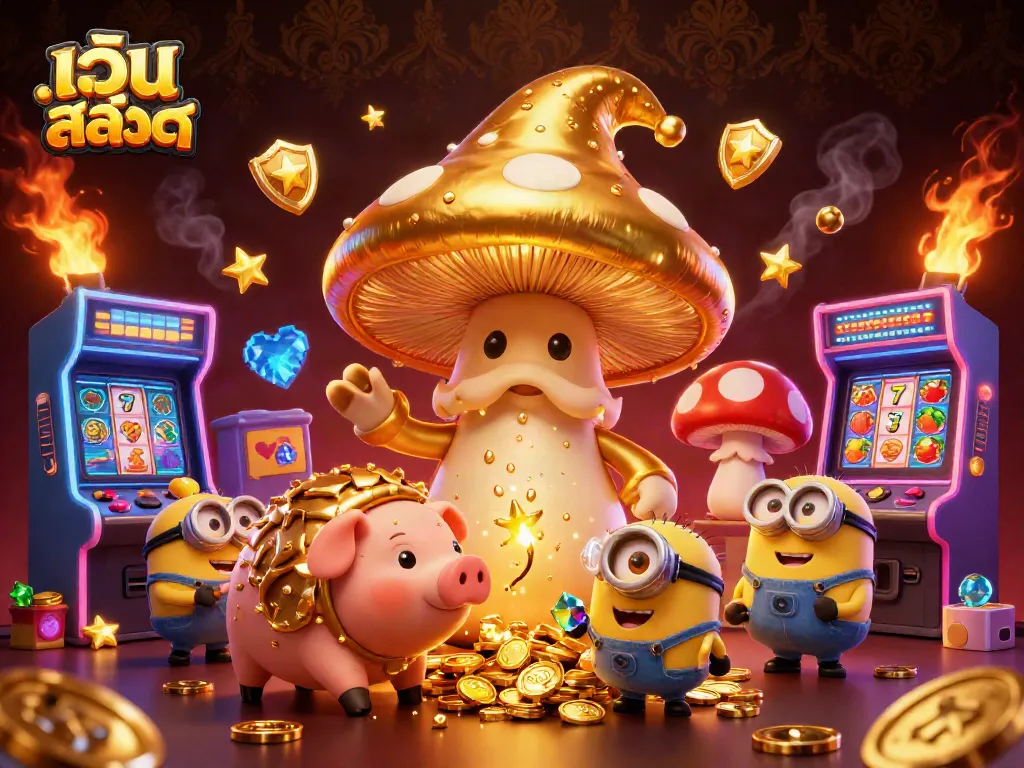 Engage with เว็บ สล็อต as a golden mushroom wizard conjures treasure in a vibrant casino scene.