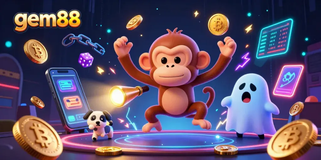 Play exciting games at gem88 with lively characters in a dynamic casino illustration.