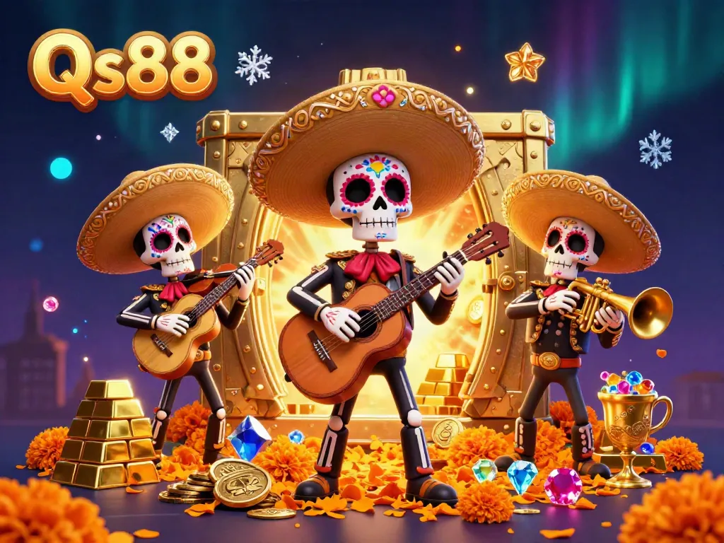 Experience the vibrant Qs88 casino atmosphere with a colorful mariachi band amid dazzling treasures.