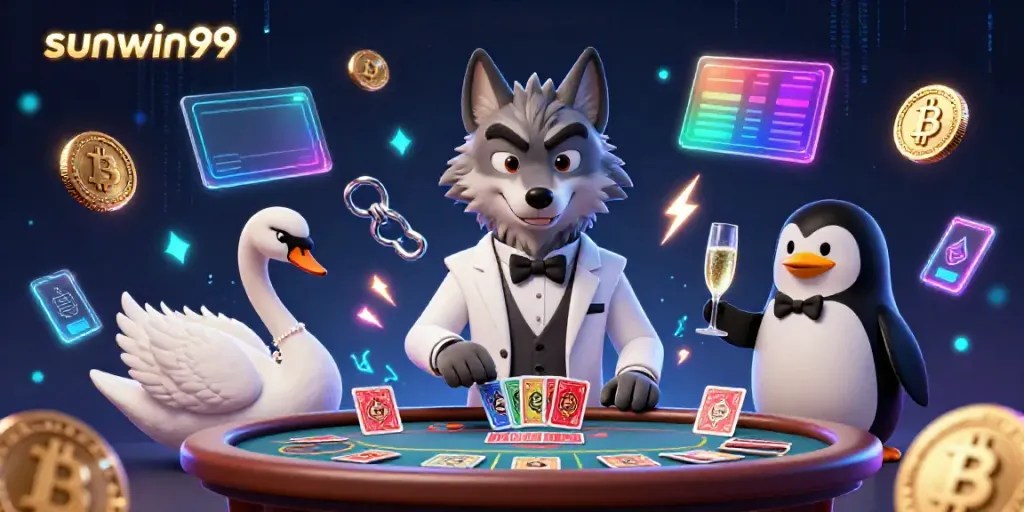 Experience sunwin99 in a vibrant 3D casino scene featuring a wolf, swan, and penguin.
