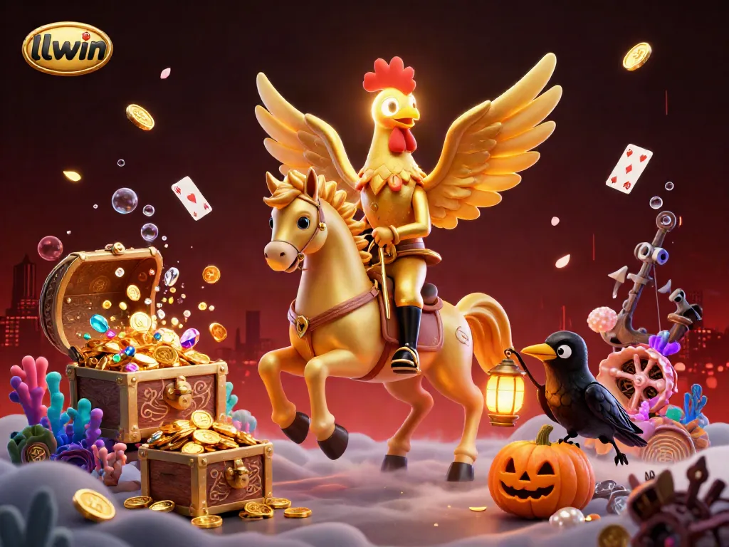 Experience thrilling gameplay at llwin with a lively casino scene featuring a golden rooster and crows full of treasures.