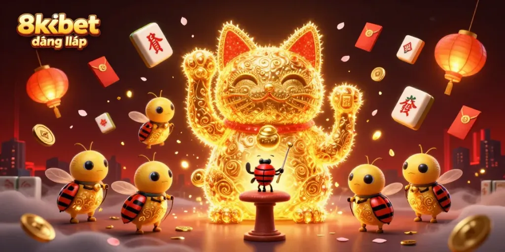 Experience exciting gameplay with 8xbet đăng nhập, featuring a dynamic lucky cat and vibrant casino symbols.