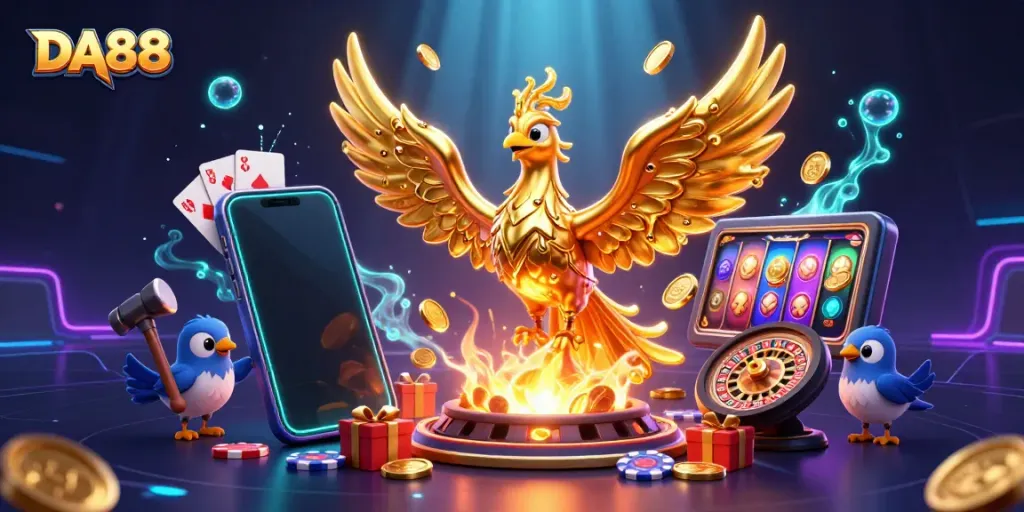 Experience DA88 with an enchanting golden phoenix and thrilling casino elements.