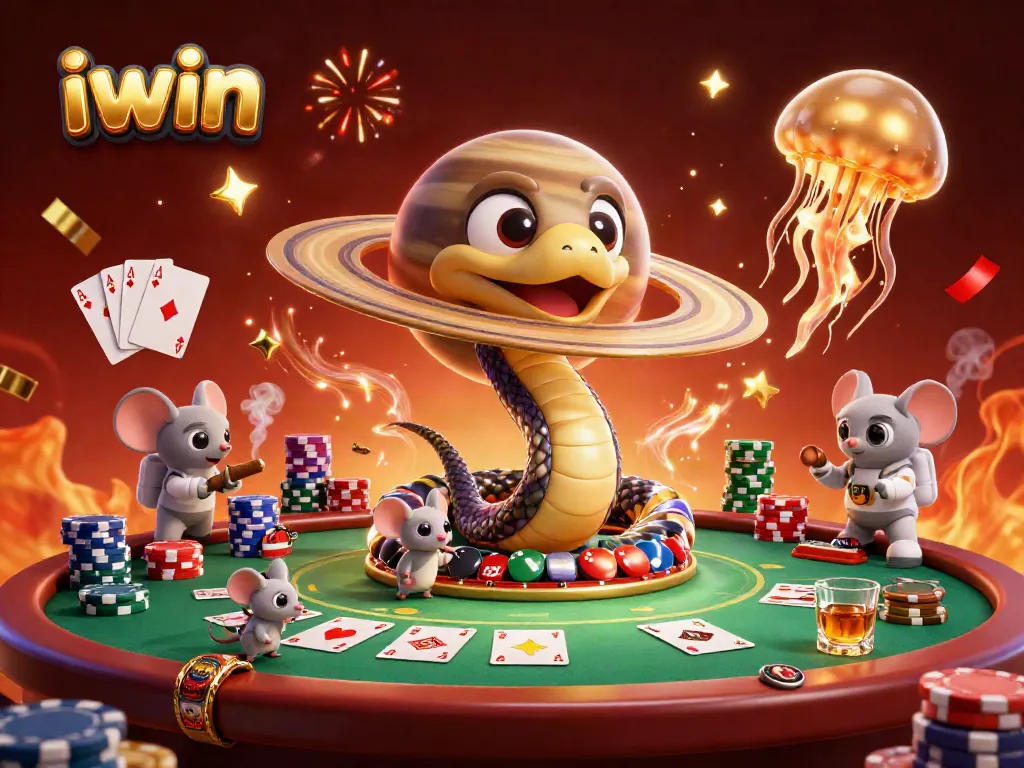 Experience the thrill of iwin in a vibrant 3D scene featuring a Saturn ring snake as a roulette, bidding astronaut mice, and more.