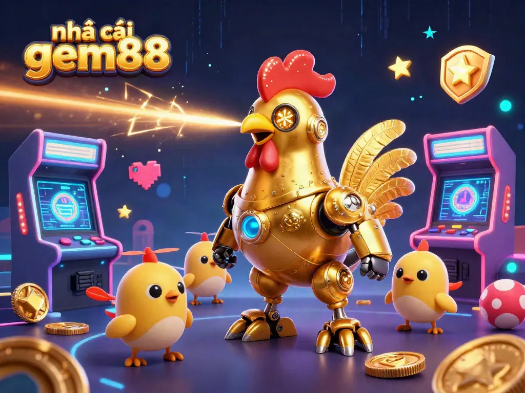 Experience the thrill of nhà cái gem88 with vibrant gaming elements and a golden rooster robot.