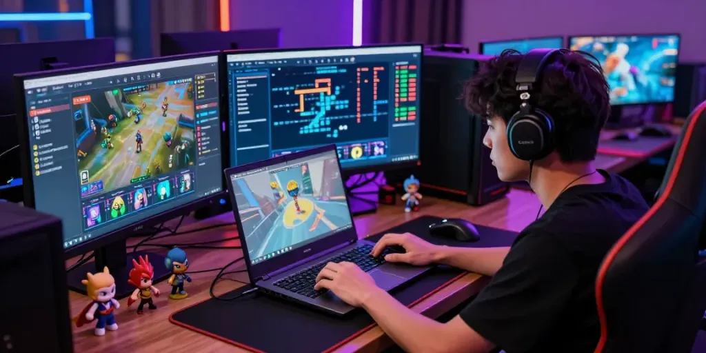 Pengguna SERIBUTOTO sedang bermain game dengan laptop dan layar besar.