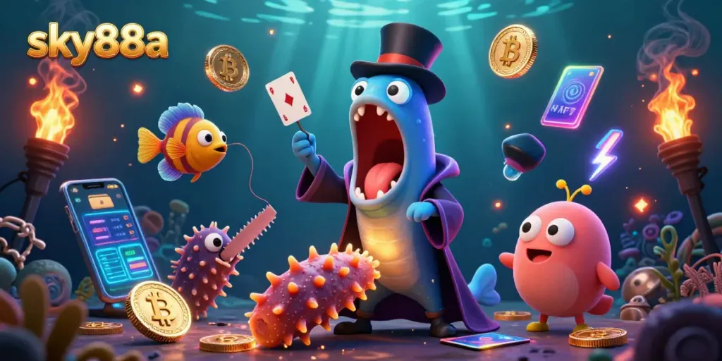 Engage in thrilling gameplay at sky88a with vibrant 3D illustrations of a unique underwater casino world.