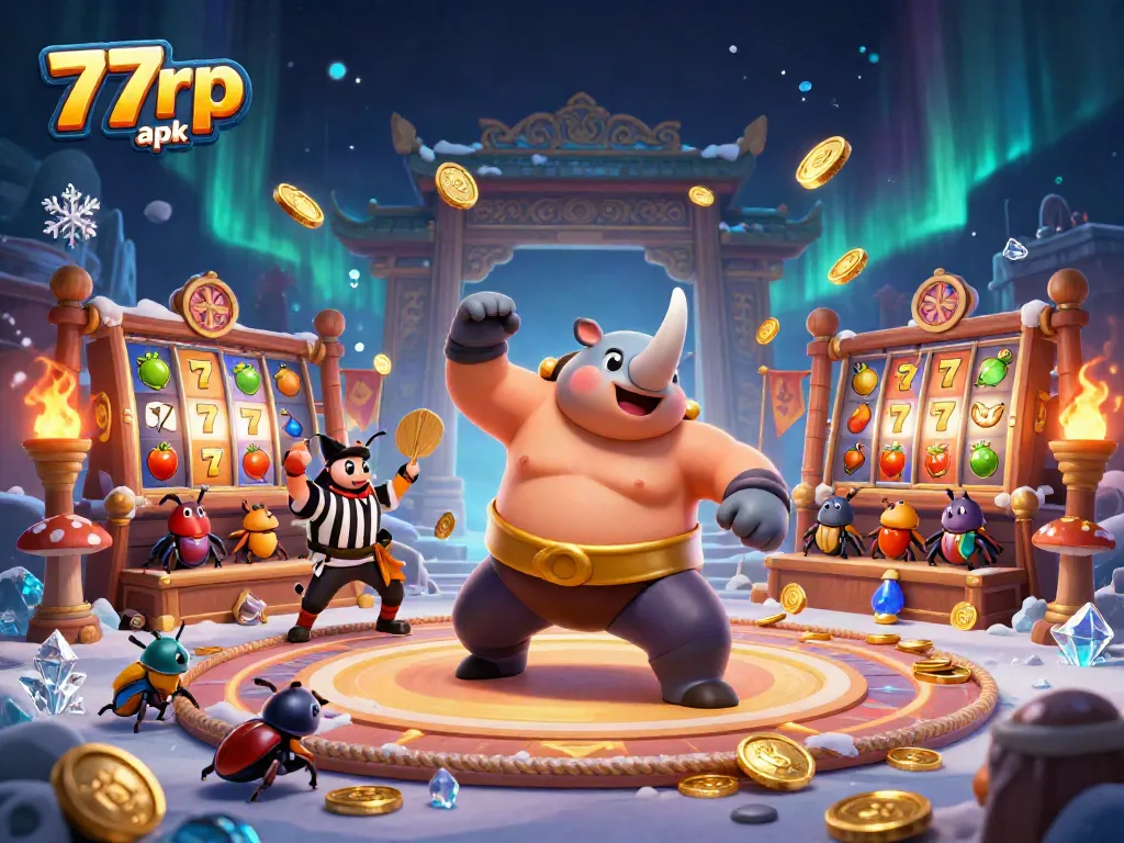 Engage in thrilling gameplay with the vibrant 77rp apk casino scene, featuring golden coins and dynamic slot action.