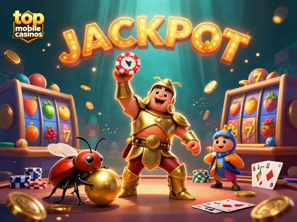 Experience top mobile casinos with vibrant characters and dynamic elements in a lively casino scene.