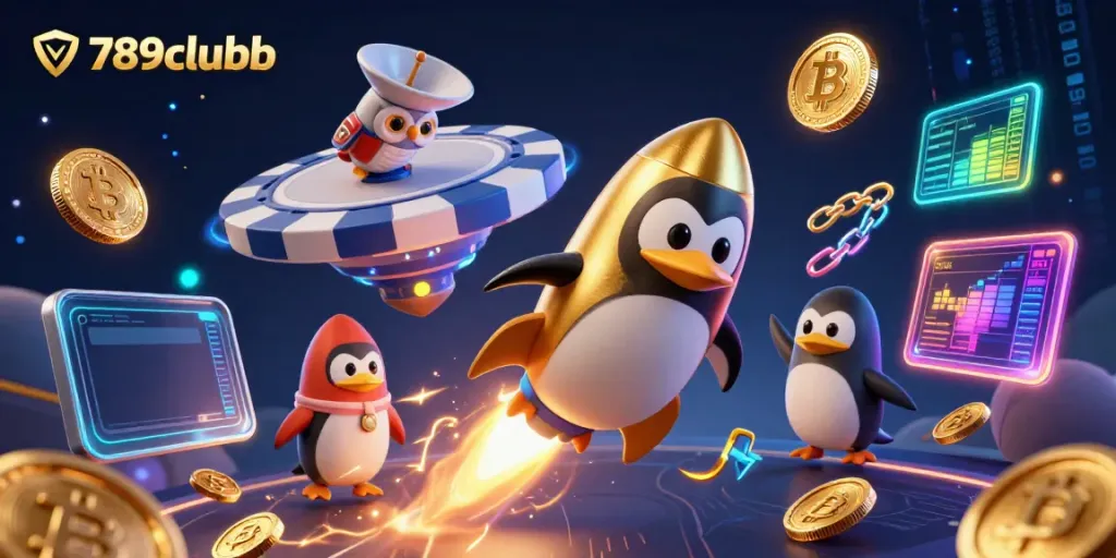 Engage with 789clubb's thrilling gaming scene featuring a rocket-powered penguin and casino elements.
