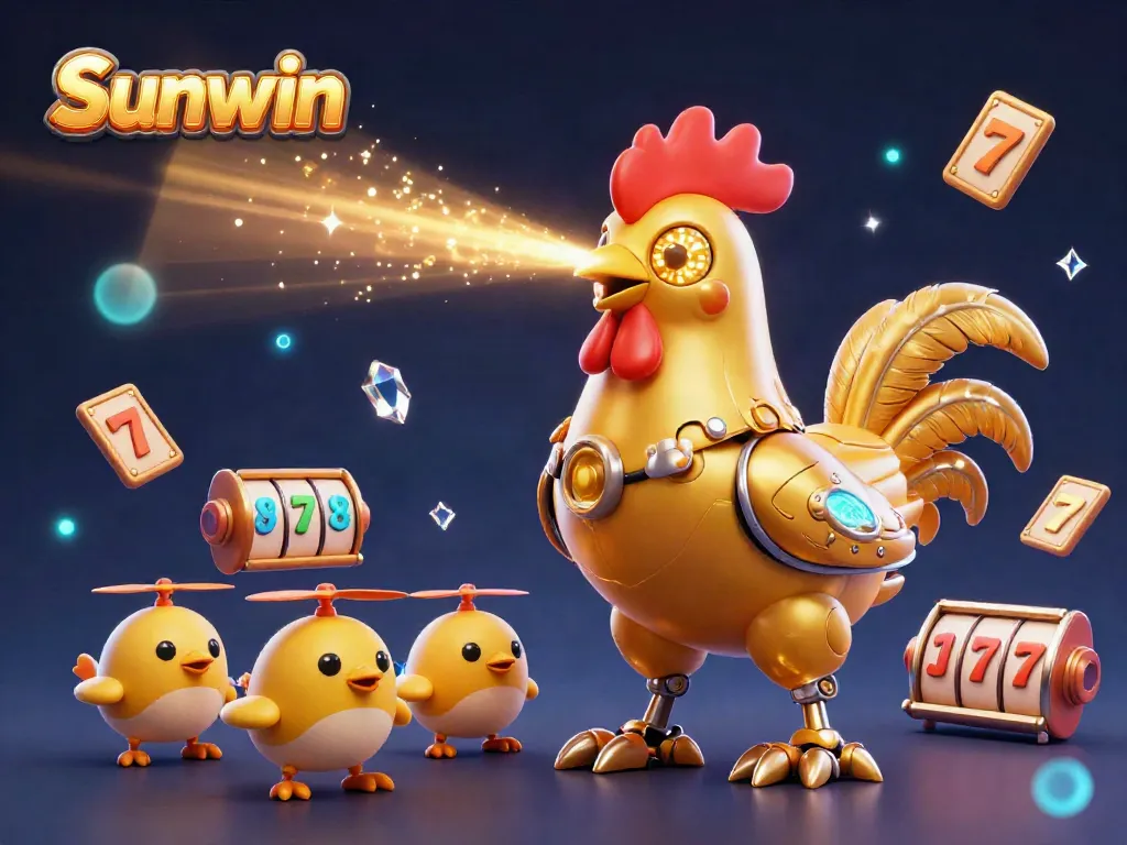 Sunwin presents a vibrant 3D illustration with a golden rooster robot and slot machine elements creating an engaging casino vibe.