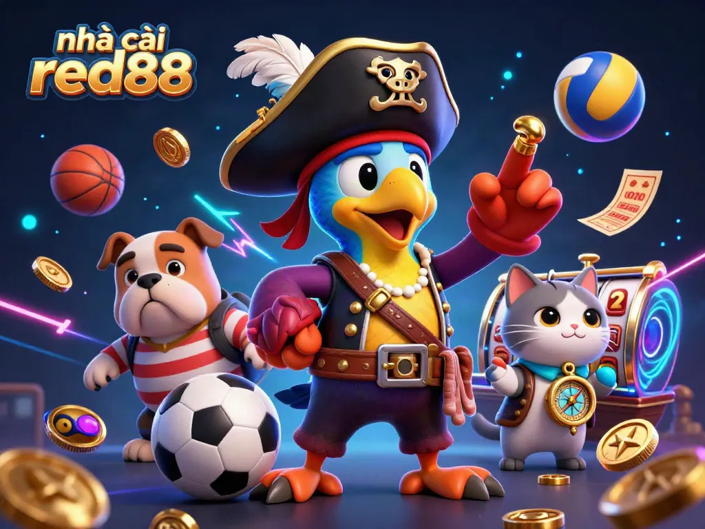 Engage with nhà cái red88 in a vibrant, dynamic casino scene filled with slots, games, and sports elements.