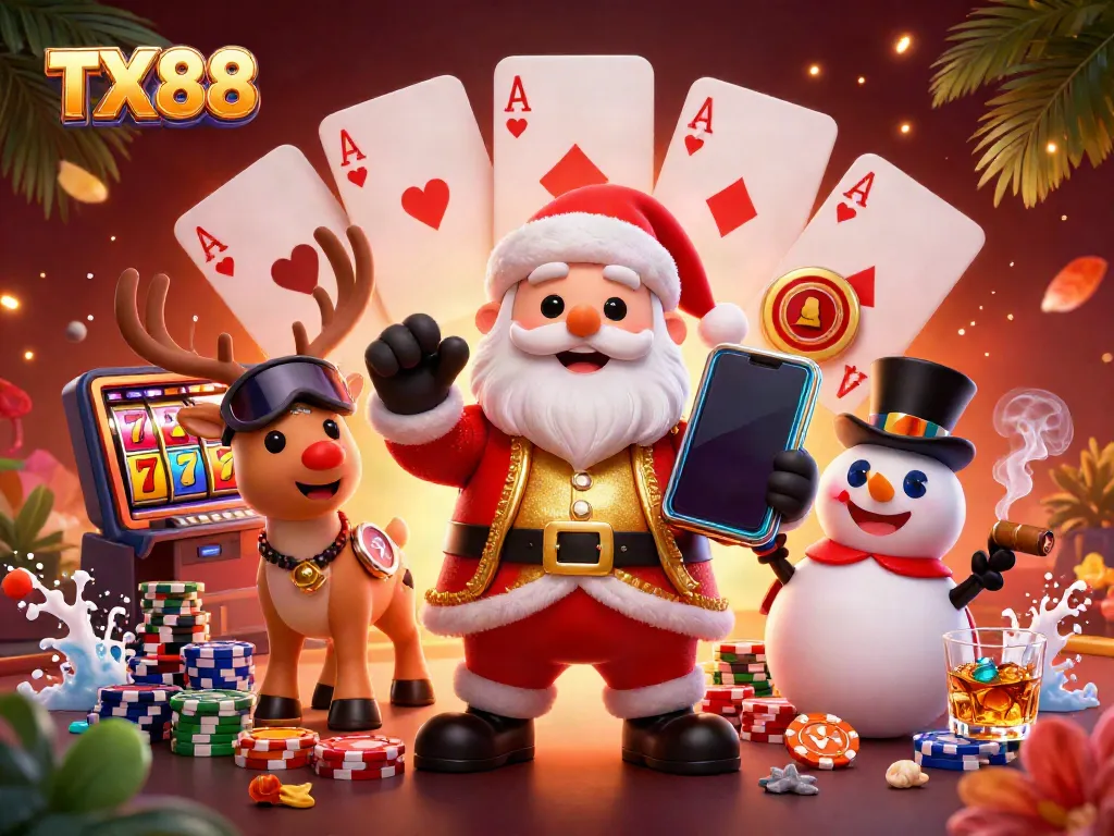 Engage with TX 88 in a vibrant casino scene featuring Santa in a festive outfit, showing jackpot slots.