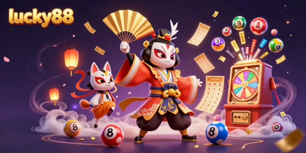 Engage in the vibrant experience of lucky88 with colorful lottery elements and captivating characters.