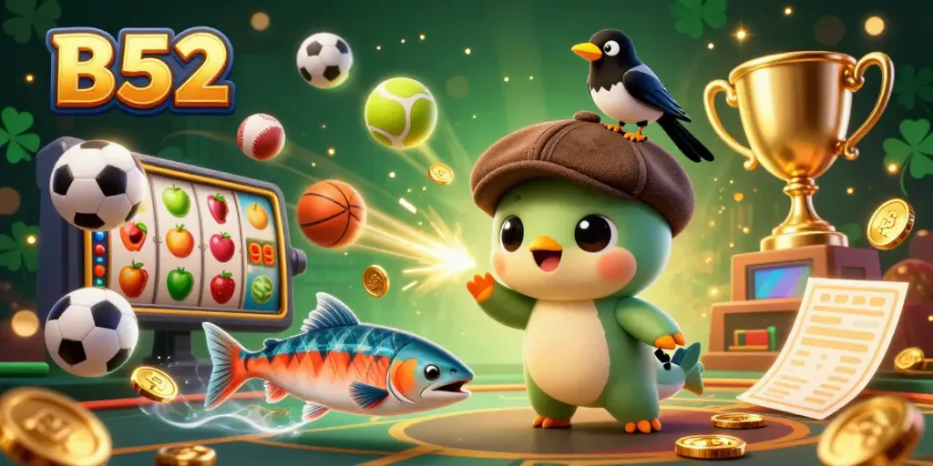 B52 online gaming scene with playful characters and vibrant gambling elements in a dynamic atmosphere.