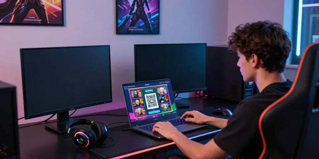 Player enjoying slot qris gaming on a laptop with vibrant RGB lighting.