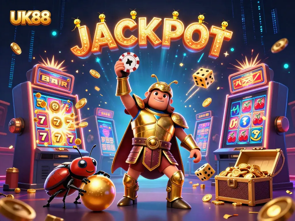 UK88's thrilling online casino experience illustrated with vibrant characters celebrating a jackpot.