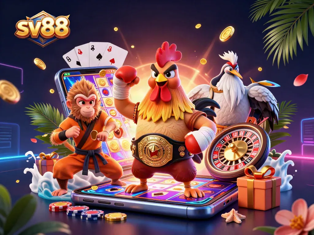 Experience the thrilling games at sv88 with vibrant 3D scenes of iconic characters and casino elements.