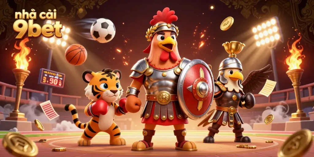 Engage with nhà cái 9bet at the vibrant online casino scene featuring a 3D gladiator rooster and sports elements.