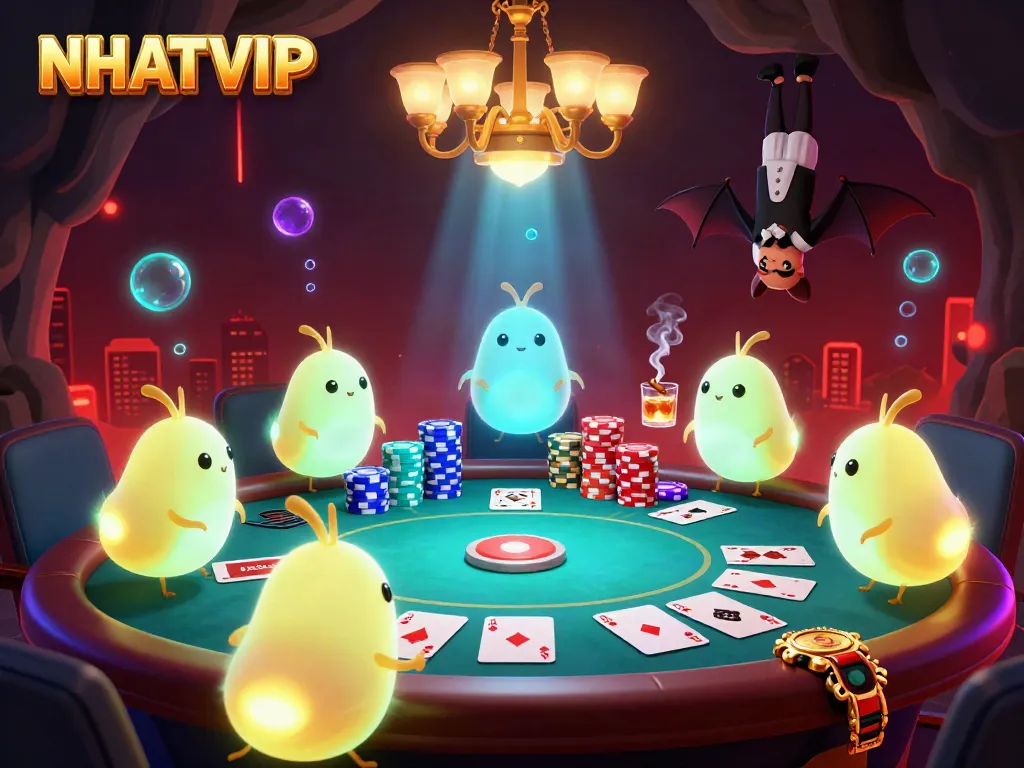Experience the NHATVIP cave casino, glowing with bioluminescent characters and vibrant gaming elements.