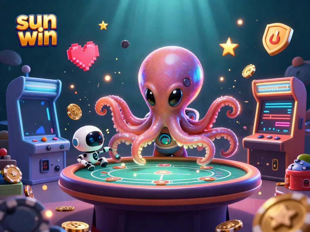Experience the vibrant action of sun win at a holographic poker table with 3D alien characters.