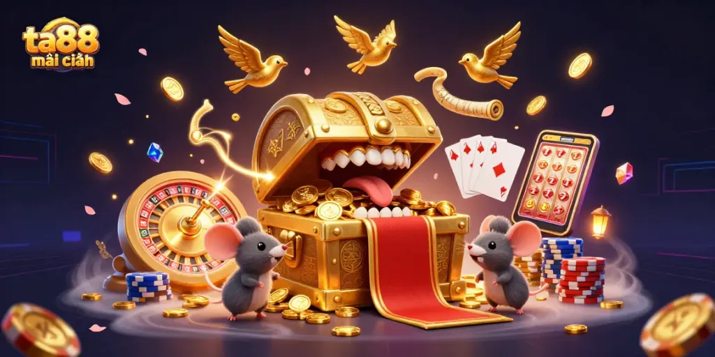 Experience the excitement of ta88 mới nhất with a thrilling illustration showcasing a golden treasure chest and dynamic casino elements.