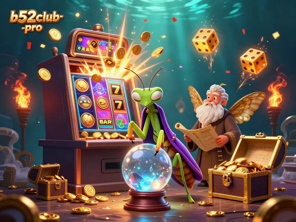 Experience the thrill of b52club-pro with a vibrant 3D casino theme, highlighting fortune tellers and slot machines.