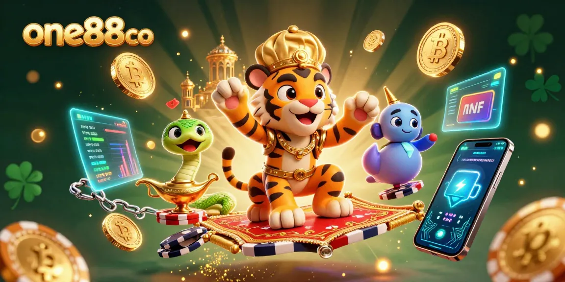 Engage with one88co's vibrant gaming scene featuring a tiger sultan on a treasure carpet amidst glimmering crypto elements.