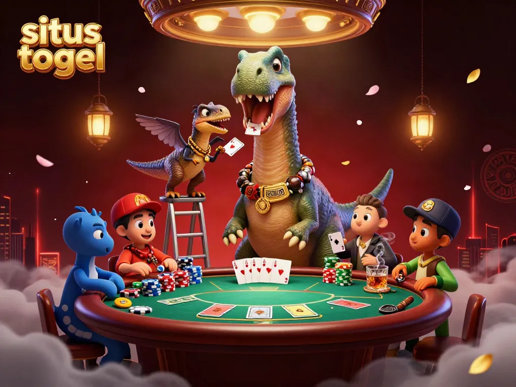Situs togel themed illustration featuring a giant brontosaurus with a clever raptor dealing cards at a poker table set in a vibrant casino