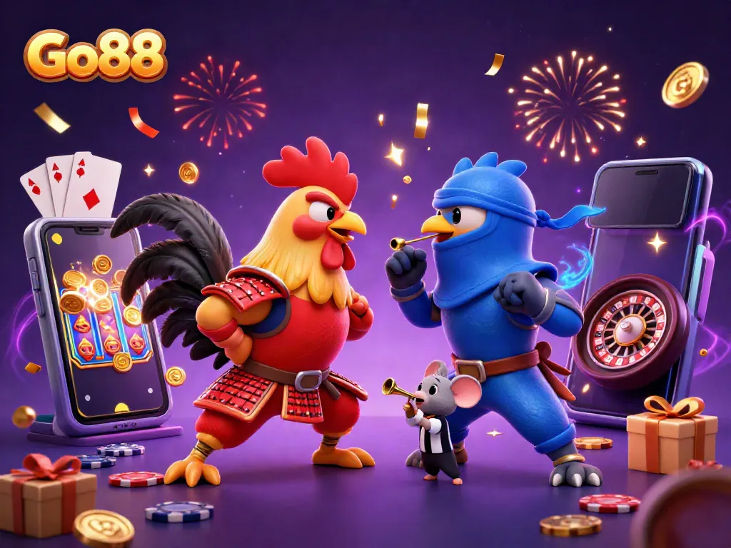 Go88 features intense roosters in a gaming showdown amidst slot symbols and casino elements.