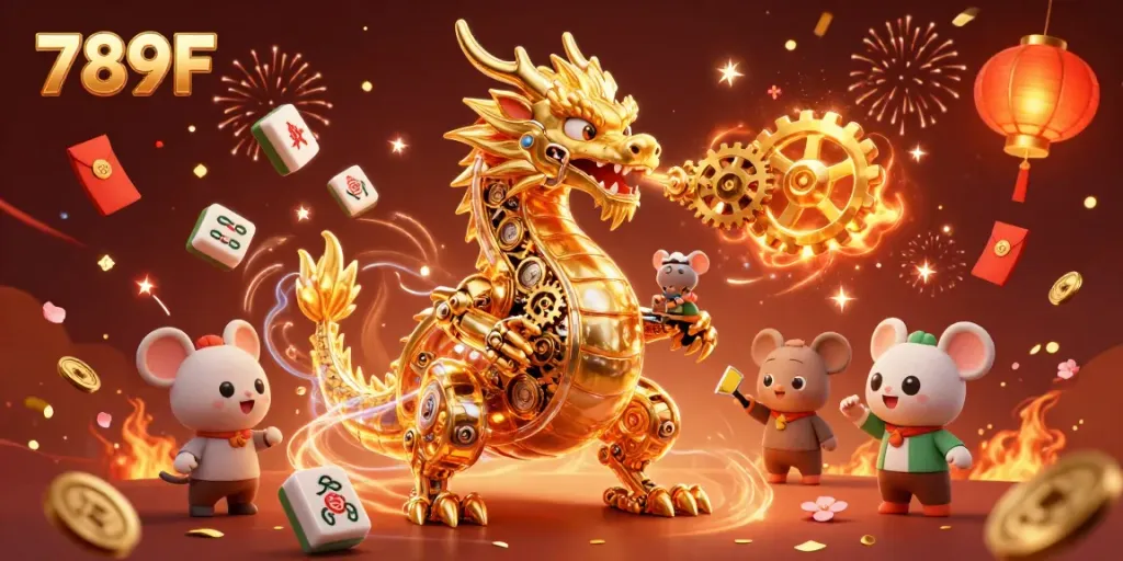 Experience thrilling play at 789F with a fantasy-themed illustration showcasing a golden dragon amidst celebratory elements.