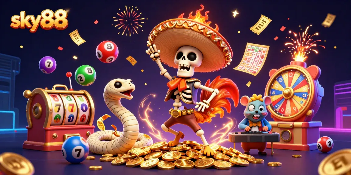 Win big with sky88 as a mariachi rooster celebrates atop golden coins in this vibrant 3D casino scene.