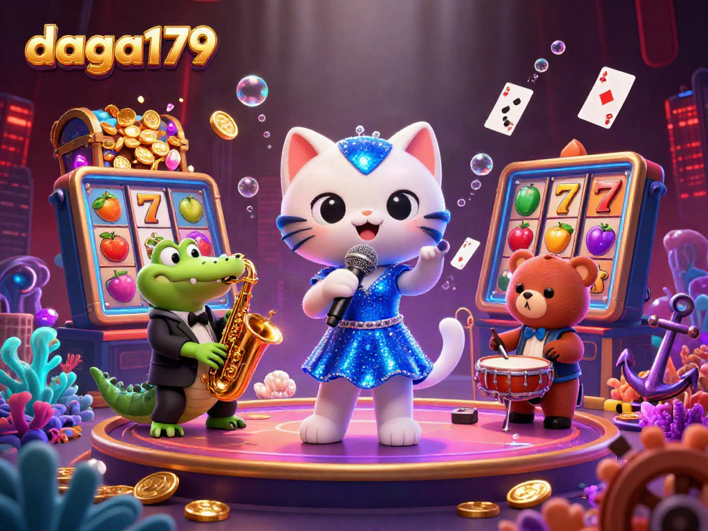 daga179 brings you a vibrant casino scene with a jazz-singer cat and captivating game elements, enhancing your gaming experience.