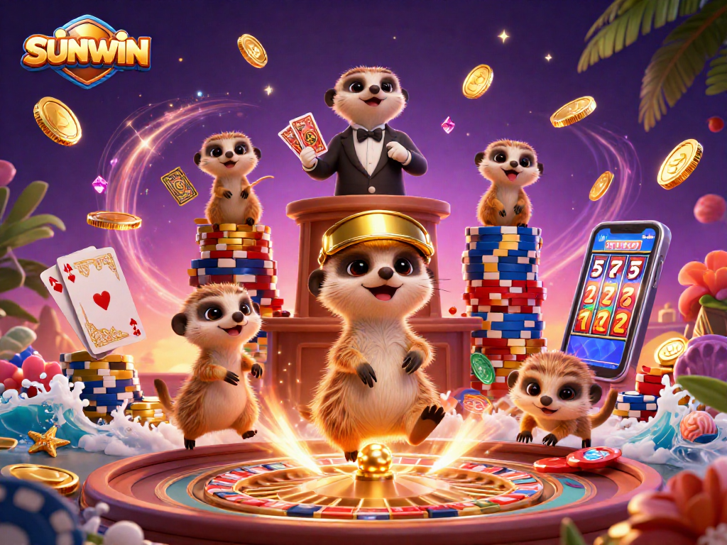 SUNWIN meerkats joyfully managing a vibrant casino, showcasing excitement with cards, chips, and rewards.