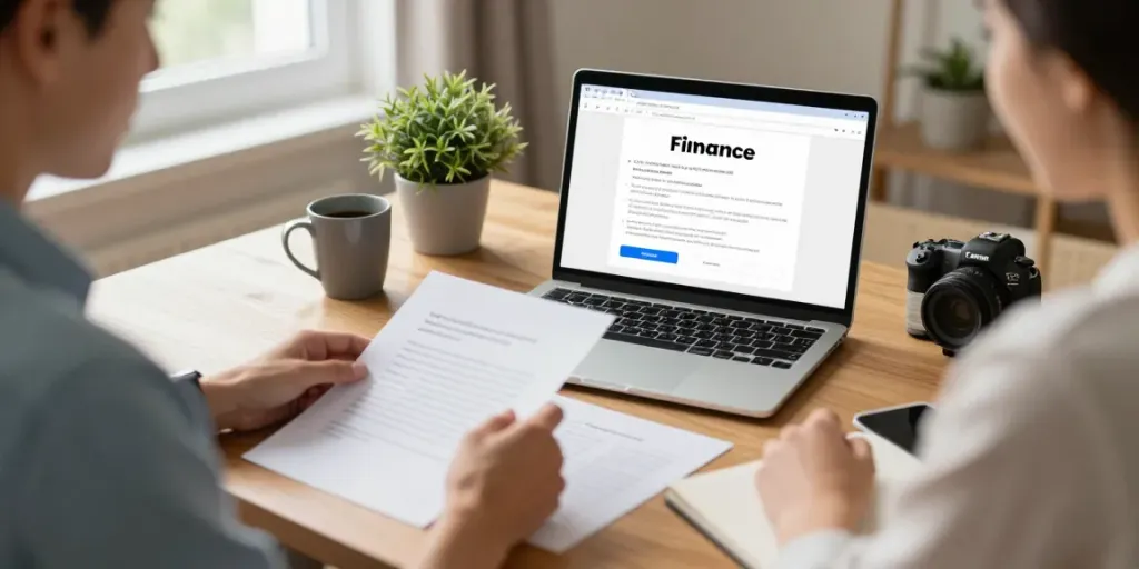 Couple exploring Red Deer loans options in a cozy home office.
