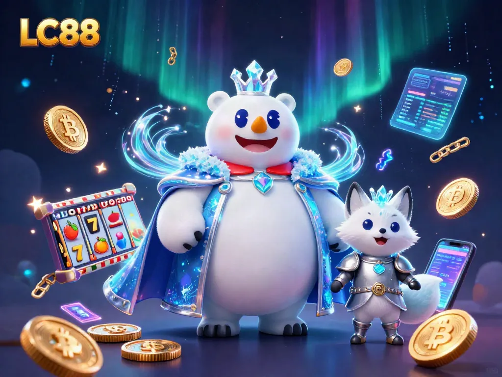 LC88 casino excitement with a lively ice king and fox amid vibrant slot elements.
