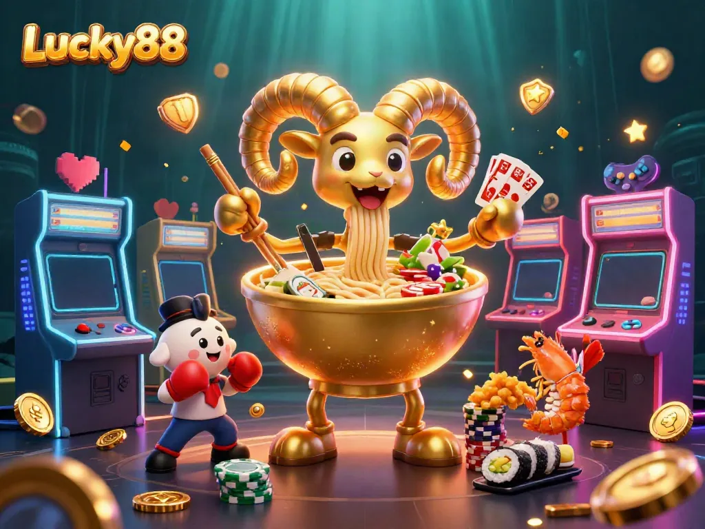 Lucky88 promotes an exciting casino atmosphere with vibrant characters and gaming icons surrounding a dynamic scene.