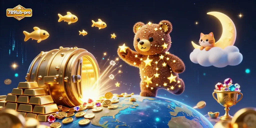 Experience the riches of 789lub-pro with a dazzling illustration of golden treasures, constellation bear, and celestial companions.
