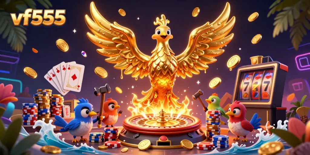 Experience the thrill of vf555's gaming with a molten phoenix and cascading casino elements.